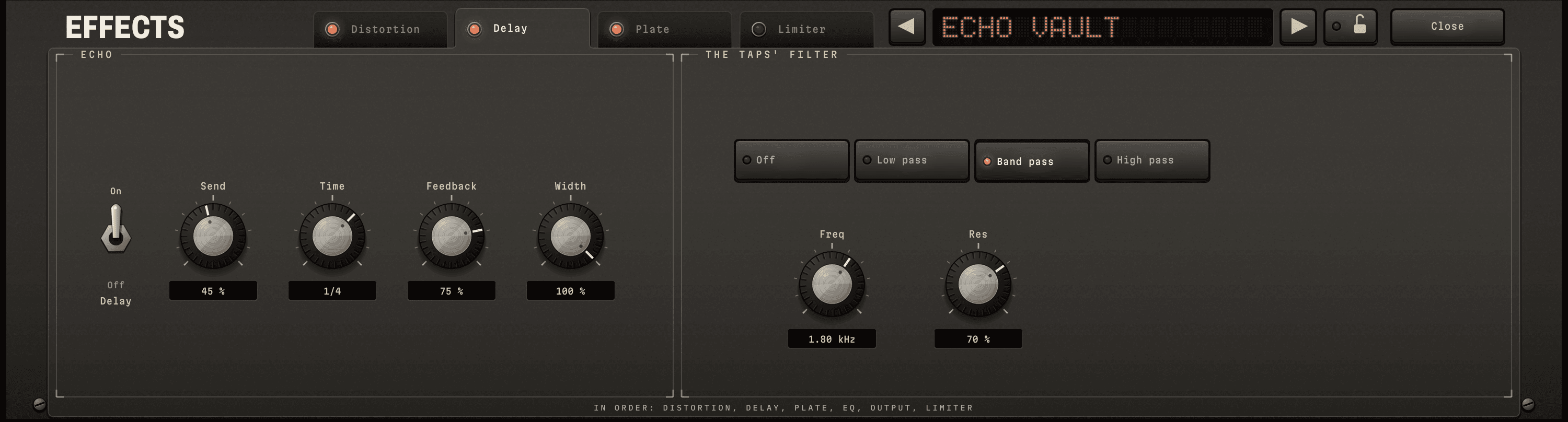 The delay page, its tab open, with the lamps on the Distortion, Delay and Plate tabs lit and the effects presets on Echo Vault: the on switch, Send at 45 %, Time at 1/4, Feedback at 75 % and Width, and the taps' filter on Band pass at 1.80 kHz with Res at 70 %