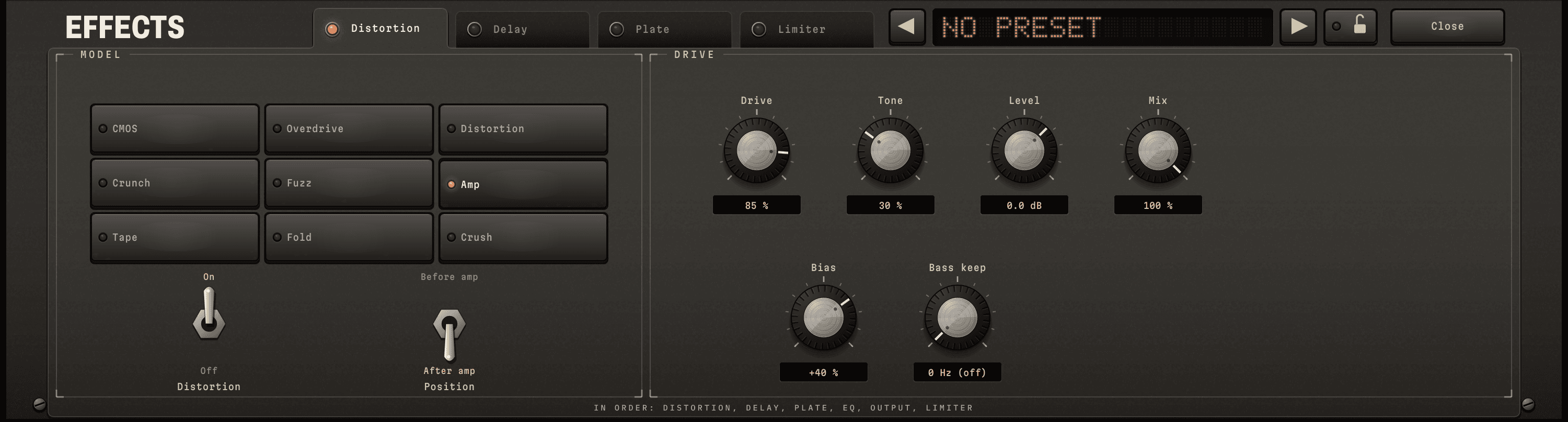 The distortion page, its tab open and the effects presets beside the tabs, reading No preset: the nine model keys with Amp lit, the on switch and the Position switch, and Drive at 85 %, Tone, Level, Mix, Bias and Bass keep