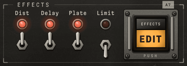 The effects section: the switches for Dist, Delay and Plate thrown up under lit lamps, Limit down with its lamp out, and the Edit pushbutton