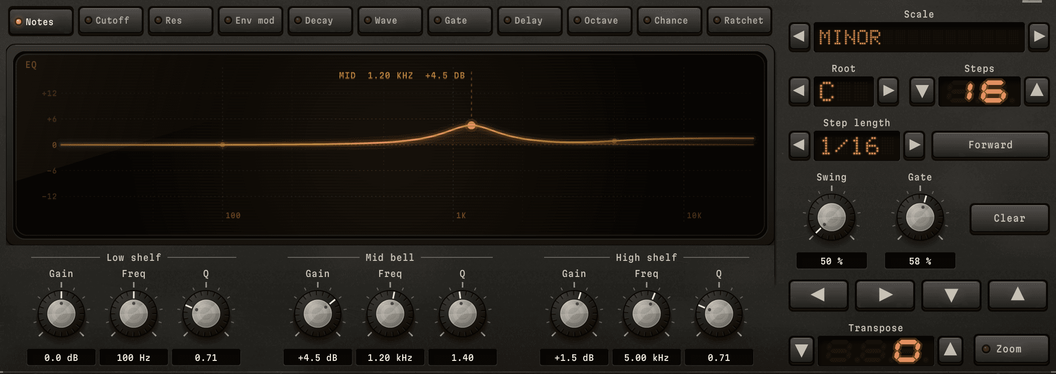 The EQ view over the step computer: the curve on the CRT, with a gain, frequency and Q knob for the low shelf, mid bell and high shelf