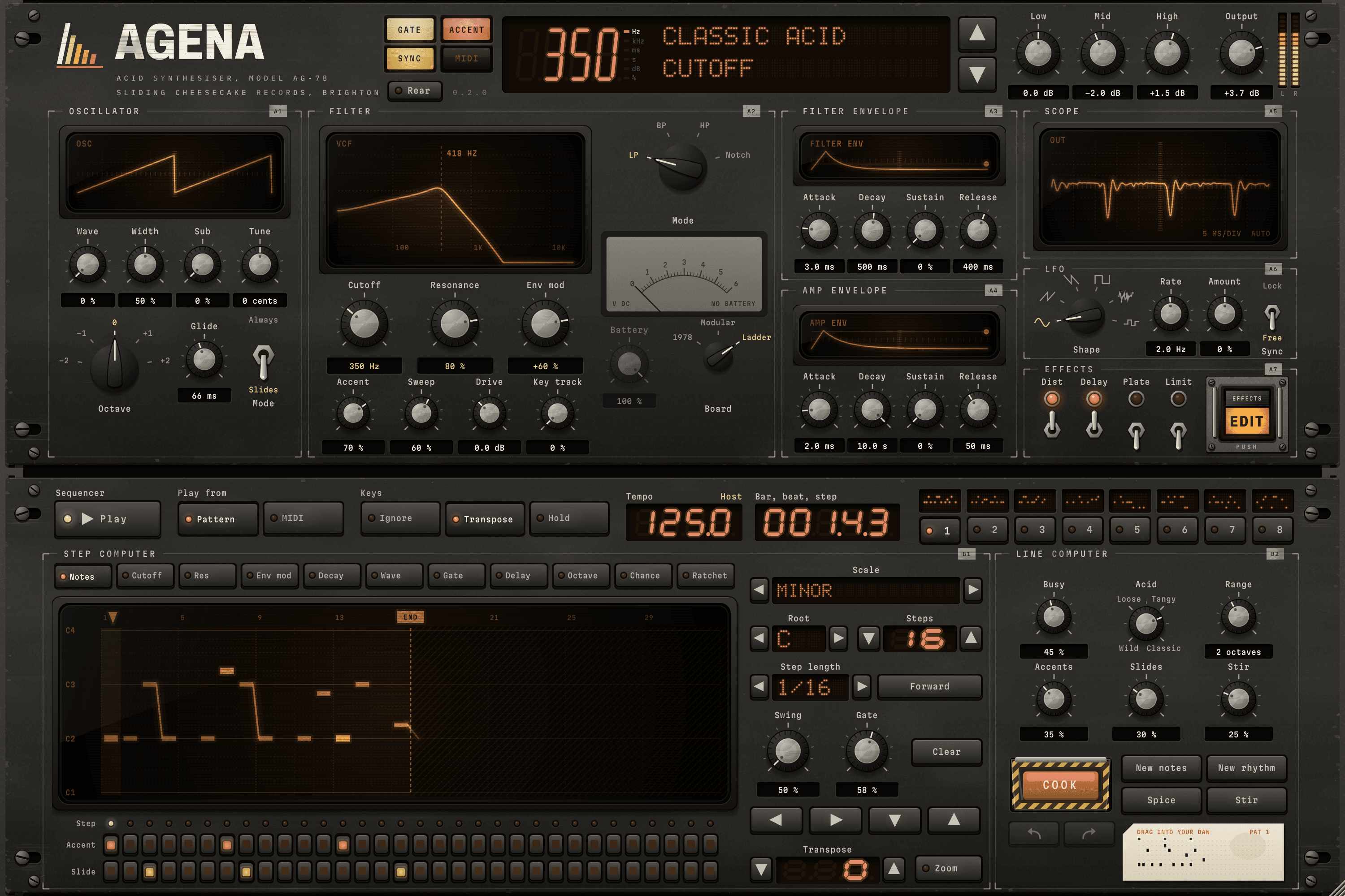 The Agena panel: the voice unit with its CRTs, knobs, LED display, output meter and effects switches above, and the sequence unit with the step computer and line computer below
