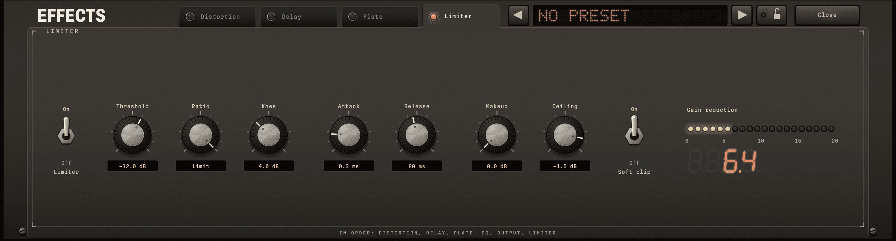 The limiter page, its tab open and its lamp lit: the on switch, Threshold at -12 dB, Ratio on Limit, Knee, Attack, Release, Makeup and Ceiling, the Soft clip switch, and the gain reduction meter lit