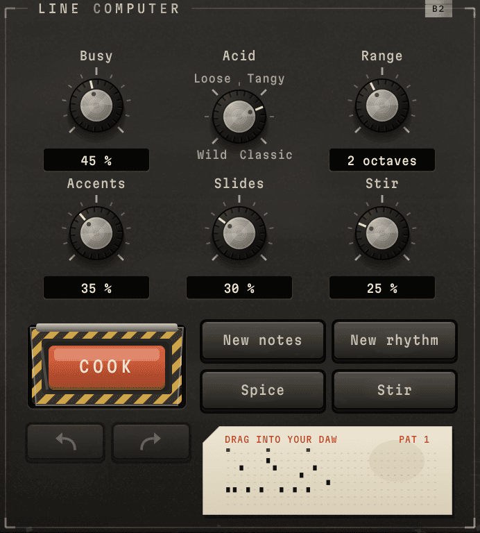 The line computer: Busy, Acid, Range, Accents, Slides and Stir, the guarded Cook button, New notes, New rhythm, Spice and Stir, undo and redo, and the punched card