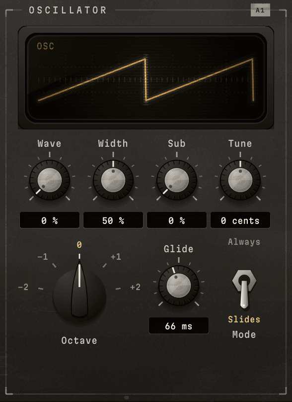 The Oscillator section: a CRT with the waveform, Wave, Width, Sub and Tune, the Octave selector, Glide and the glide Mode switch