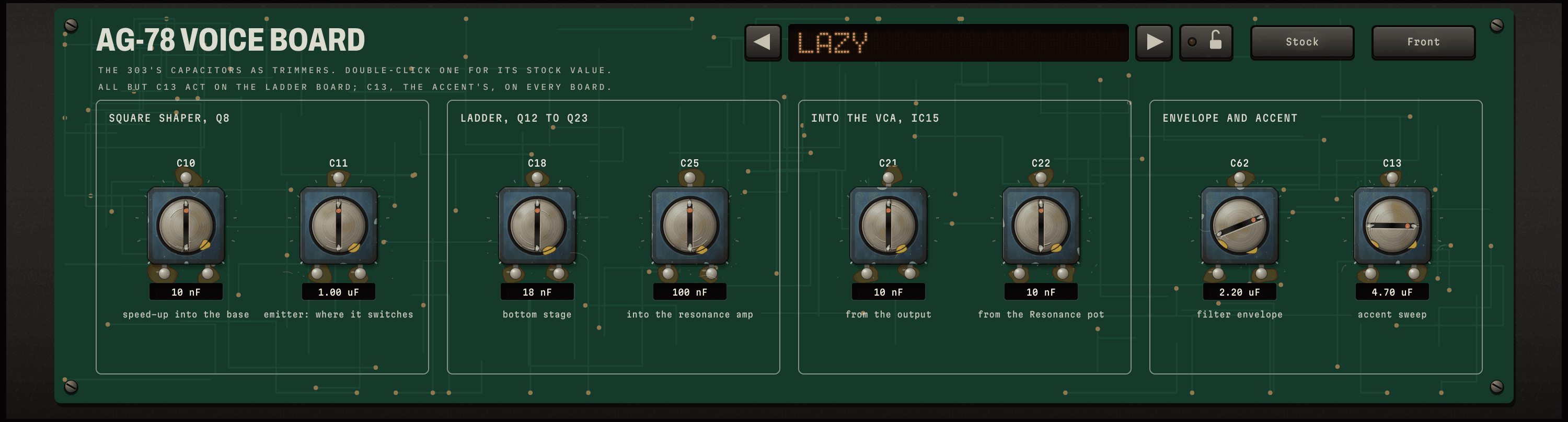 The voice unit turned round to its green circuit board: eight worn ceramic trimmers in four groups, each with its value, the board's presets on Lazy, and the Stock and Front keys