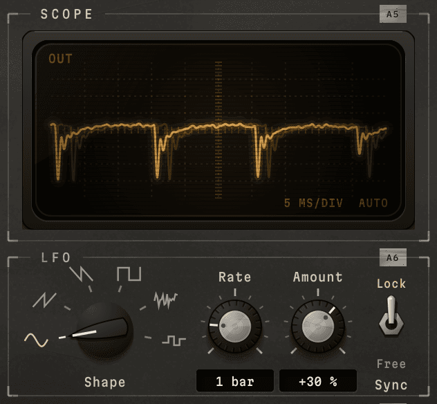 The Scope section with the output's waveform, and the LFO section with its Shape selector, Rate, Amount and the Sync switch, on the Wide Open preset