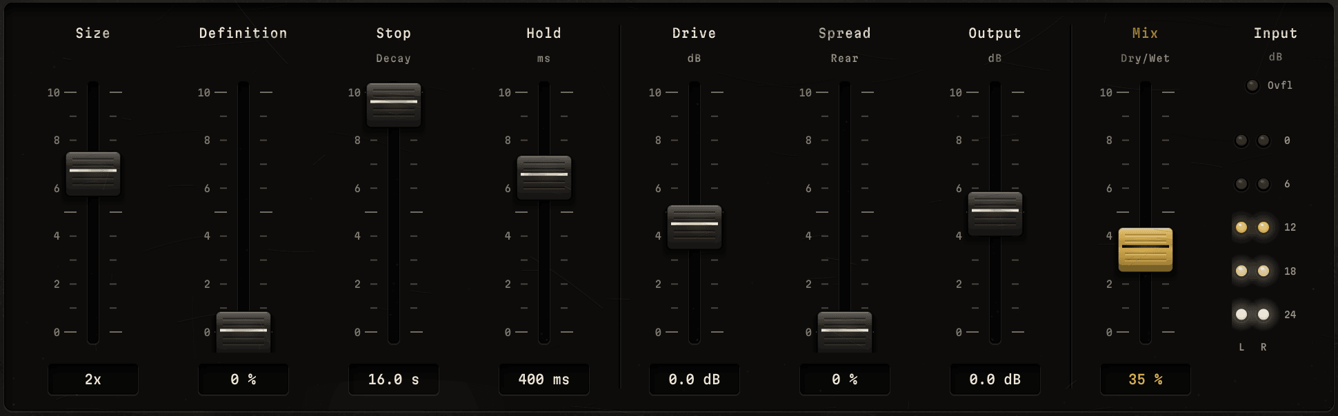 The fader bay on page 2: Size, Definition, Stop Decay, Hold, Drive, Spread and Output, then Mix and the Input meter