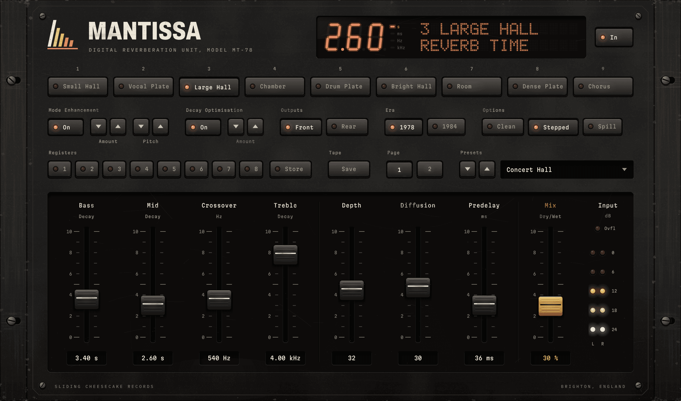 The Mantissa panel: an LED display, nine program keys, mode and register rows, and a bay of long-throw faders