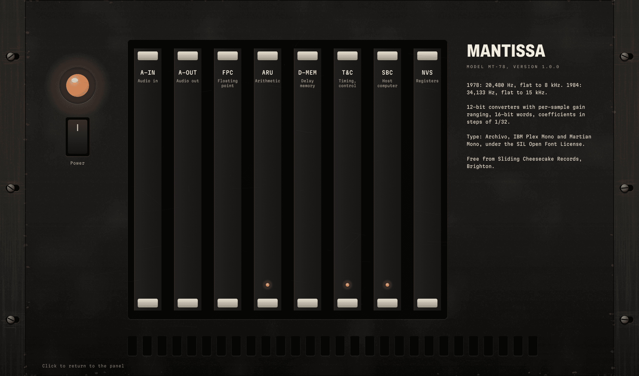 The Mantissa mainframe view: eight circuit cards named after the original's, a power lamp and switch, and the version