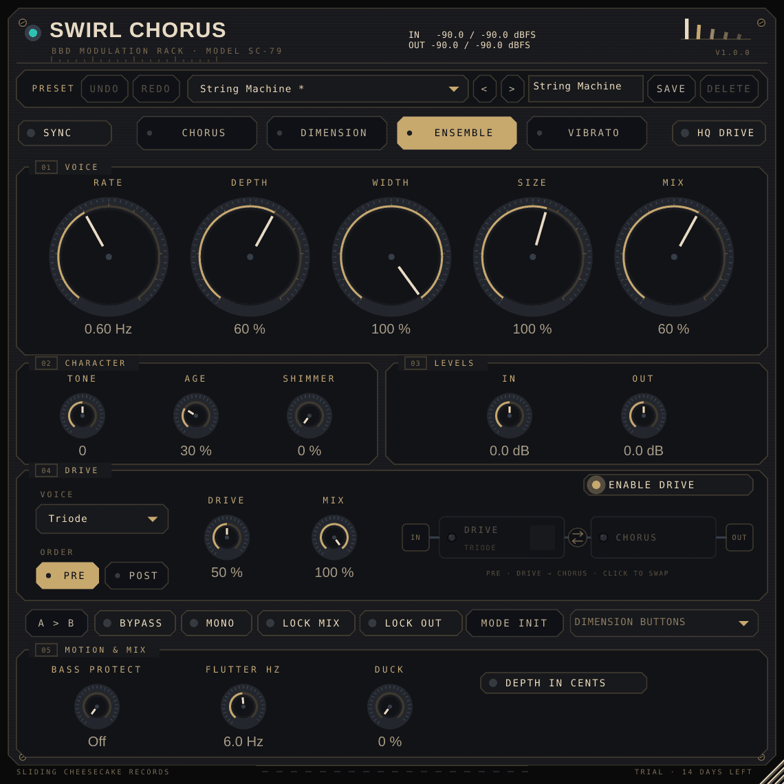 Swirl Chorus with Triode at 50 percent Drive, ahead of the Ensemble